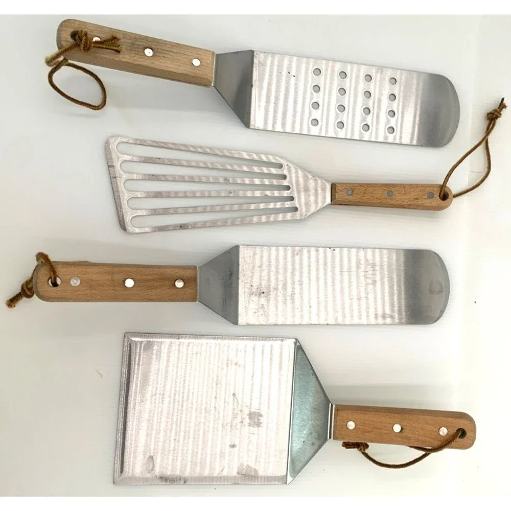 Lot of 4 Heavy Stainless Steel Turners Wood Handles Turners Spatulas Grill Tools